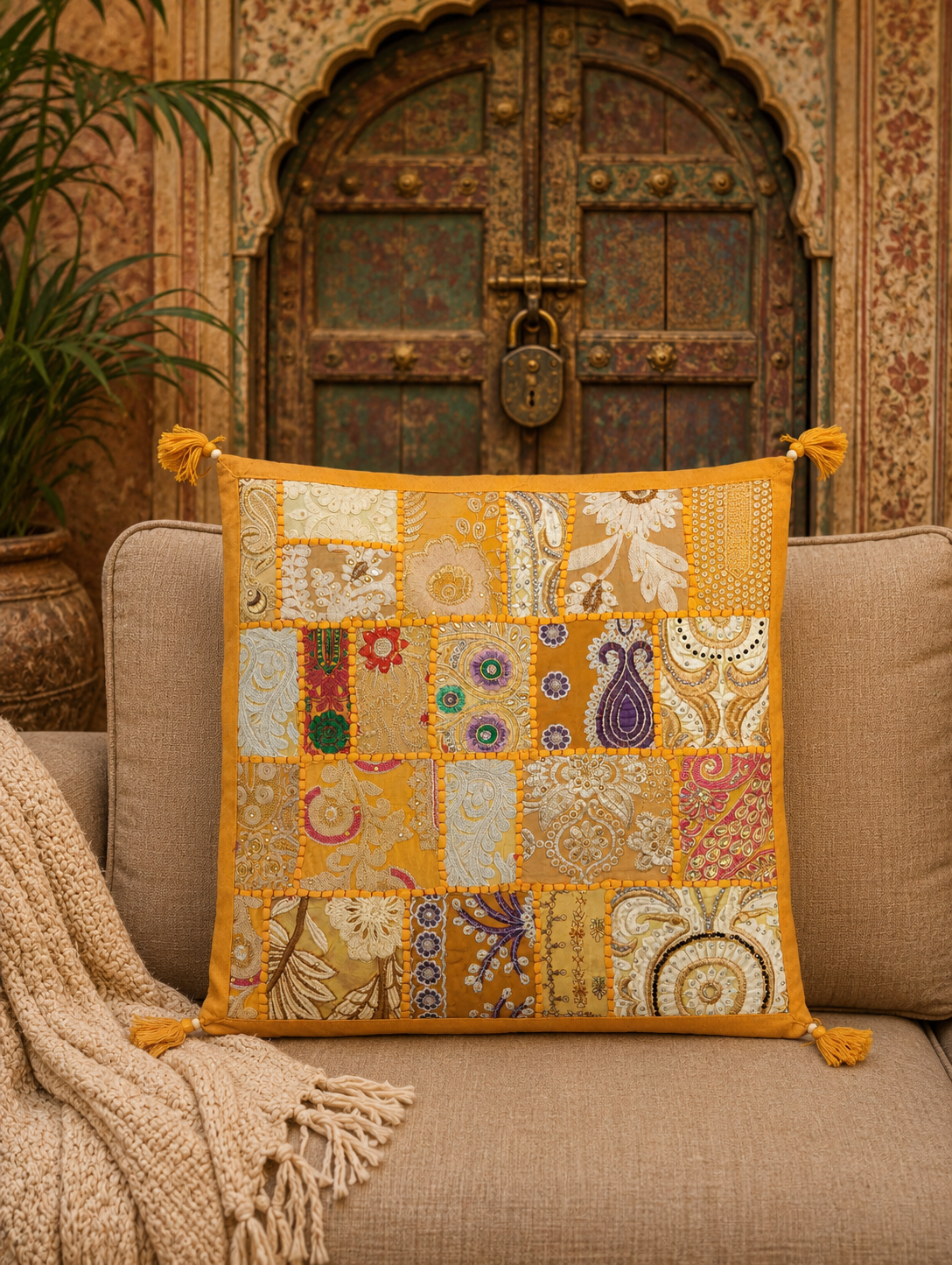 Jaipur Heritage Patchwork Cushion Cover – Handmade Rajasthani Ethnic Home Décor