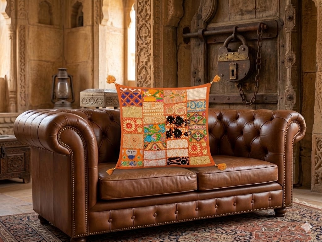 Jaipur Heritage Patchwork Cushion Cover – Handmade Rajasthani Ethnic Home Décor