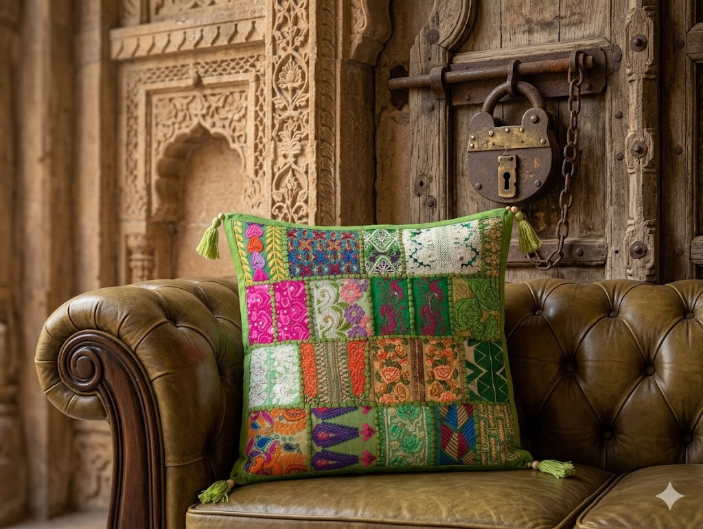 Jaipur Heritage Patchwork Cushion Cover – Handmade Rajasthani Ethnic Home Décor