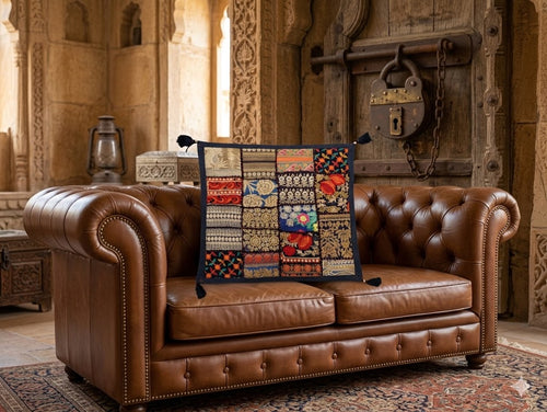 Jaipur Heritage Patchwork Cushion Cover – Handmade Rajasthani Ethnic Home Décor