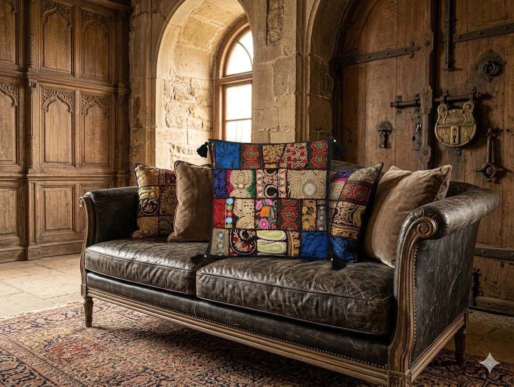 Jaipur Heritage Patchwork Cushion Cover – Handmade Rajasthani Ethnic Home Décor